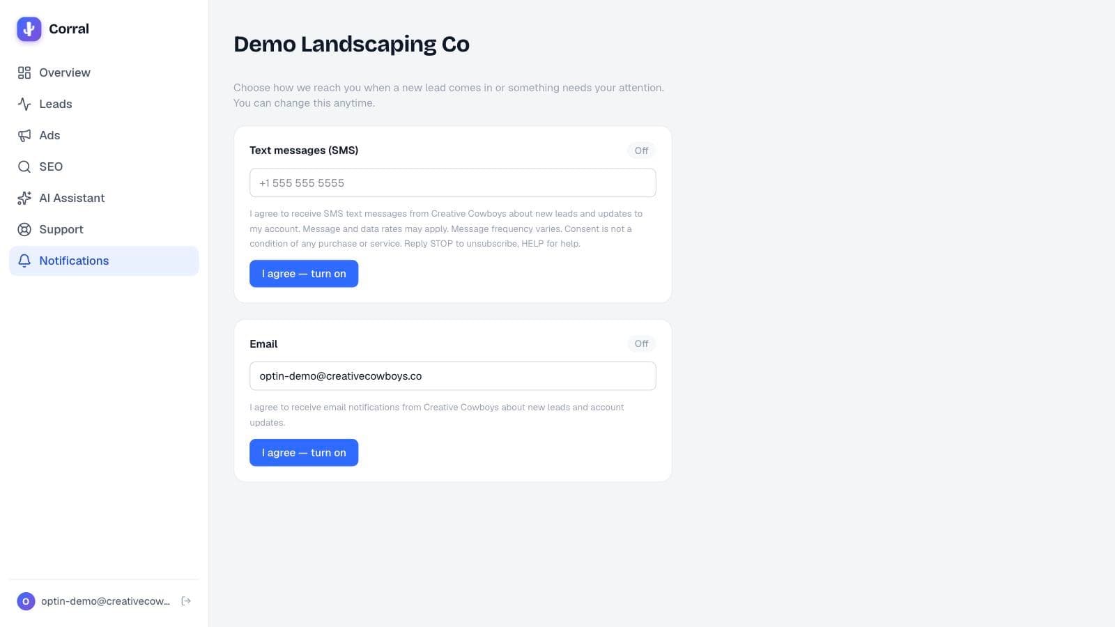 Client dashboard Notifications settings showing a Text messages (SMS) card set to Off with a phone field, consent language, and an 'I agree — turn on' button