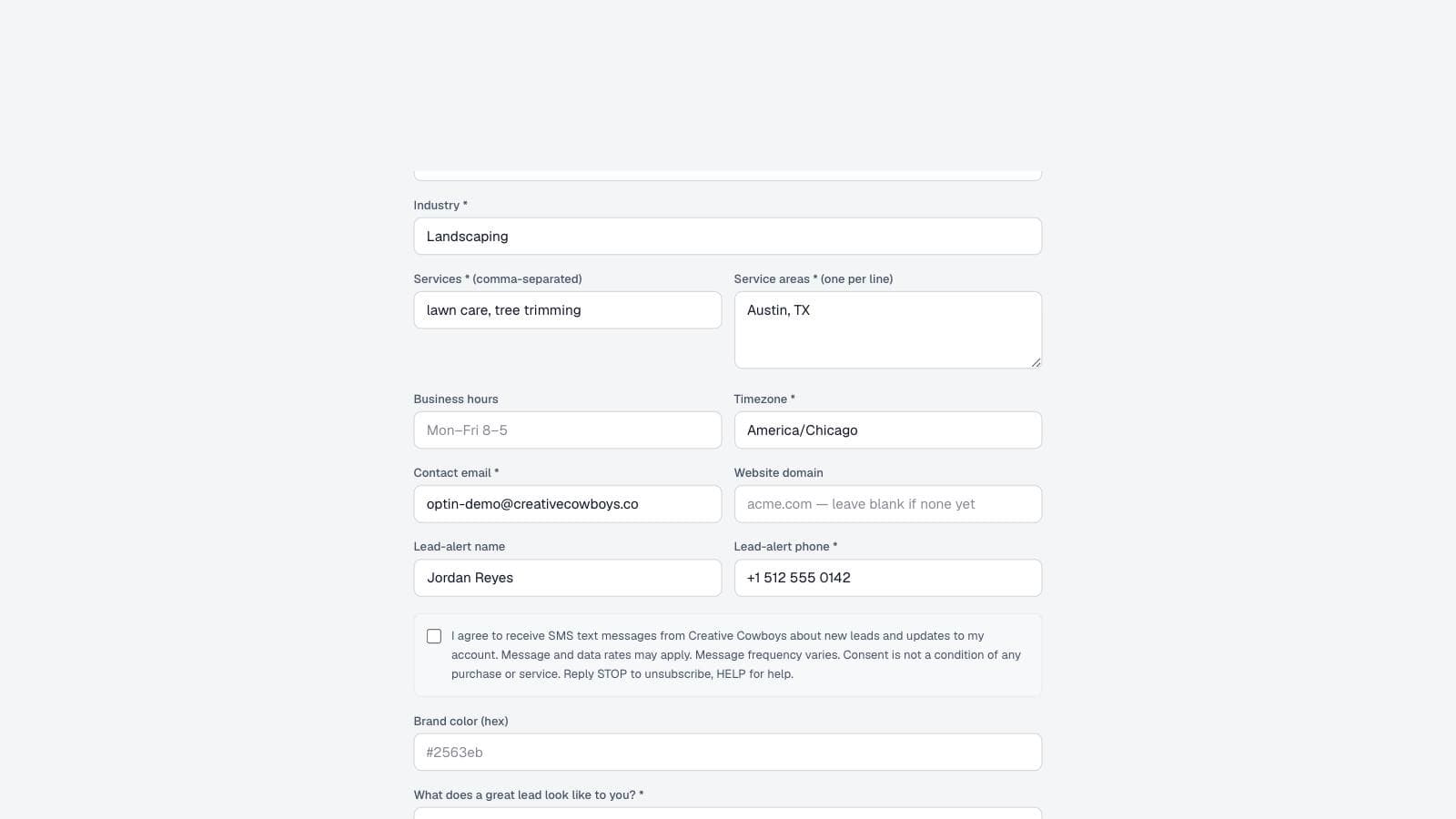 Creative Cowboys client onboarding form with a lead-alert phone field and an unchecked SMS consent checkbox